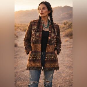 Charisma Boho Tapestry Embroidered Jacket Fringe Hem Festival Coat Womens S